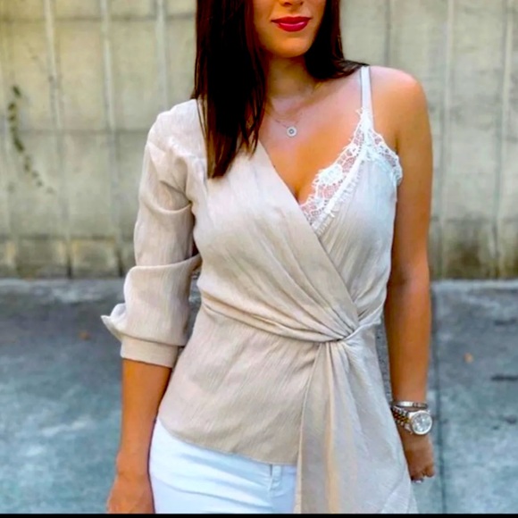 New Zara Beige Tan Asymmetrical Cami V Neck Lace One Shoulder Blouse Top - Picture 4 of 16